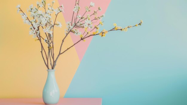 Photo a blossoming branch with delicate flowers arranged in a pale blue vase set against a pastel background of pink and teal