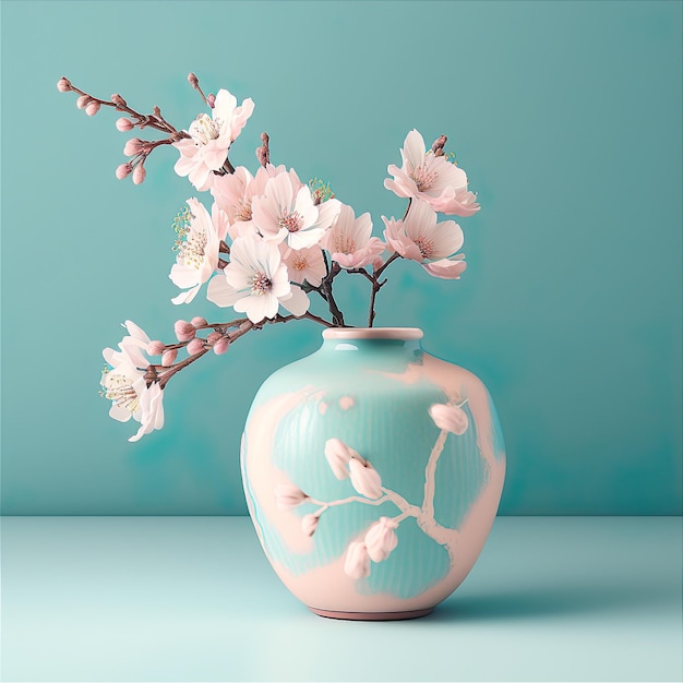 Blossoming Branches Apple tree cherry Sakura in ceramic vase on blue background Generative AI