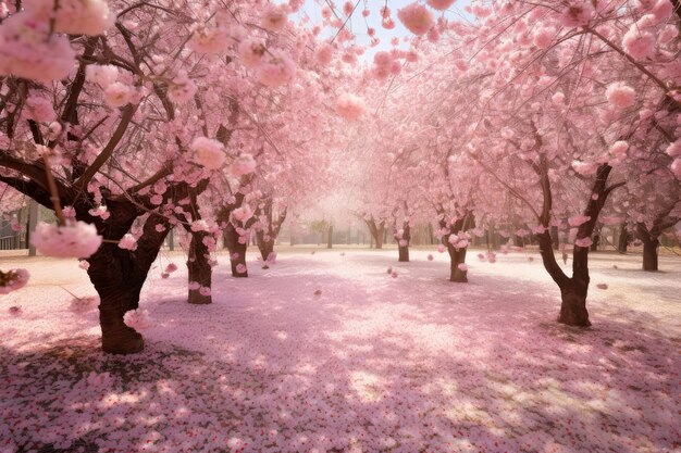 Blossoming Cherry Orchard With Delicate Pink Petals Falling Generative AI