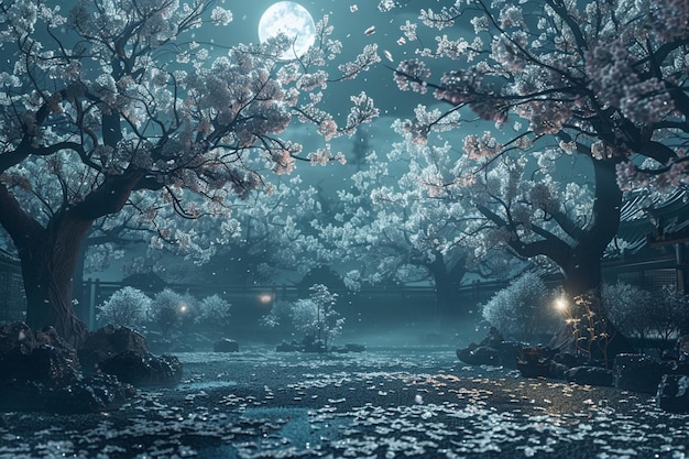 Blossoming cherry trees in a moonlit garden octane