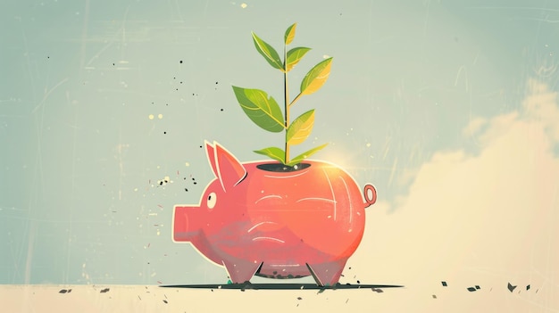 Photo blossoming finances vibrant illustration of plant emerging from piggy bank signifying wealth growth and savings concept