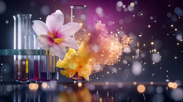 Blossoming flower with bokeh lights in laboratory setting