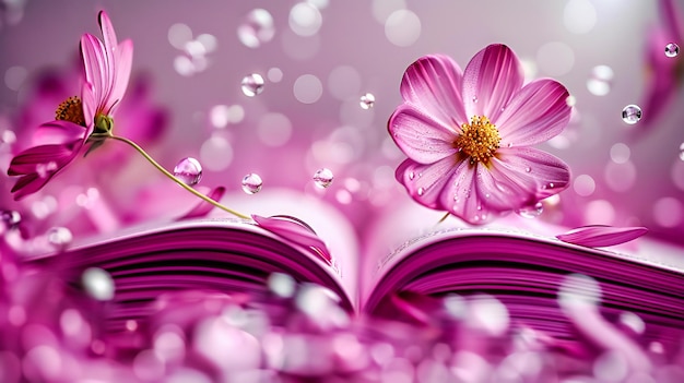 Photo blossoming knowledge open book with floral beauty romantic spring and vintage education concept