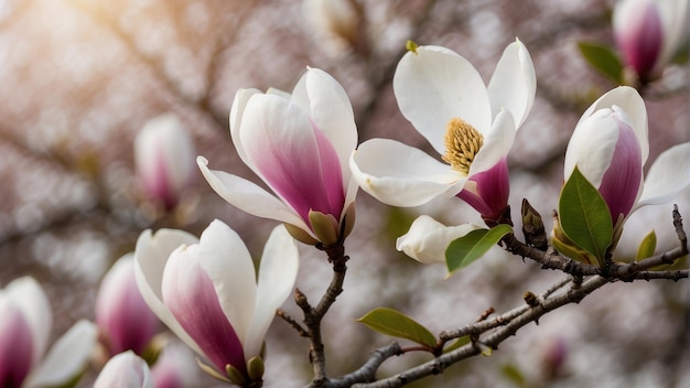 Blossoming magnolia trees against a clear sky