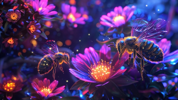 Photo blossoming night bees and flowers in neon light