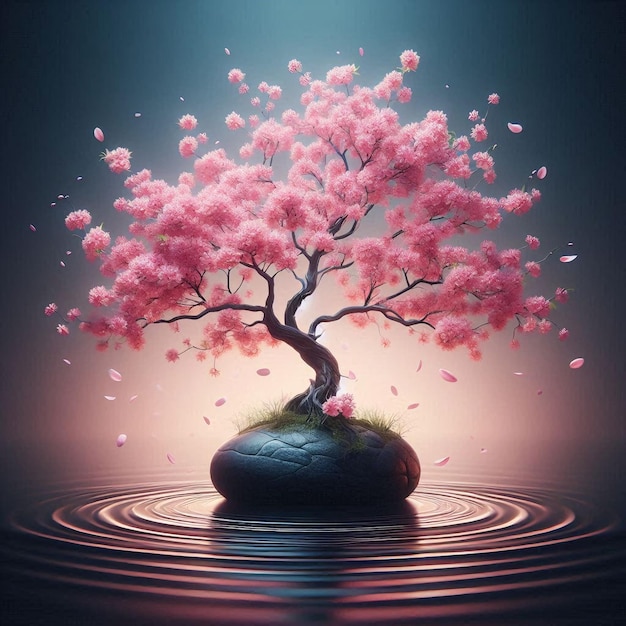 A blossoming pink cherry blossom tree with its branches elegantly spread out