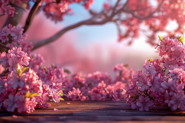 Blossoming Pink Cherry Trees with Soft Sunlight Shining on Wooden Path in Serene Spring Landscape