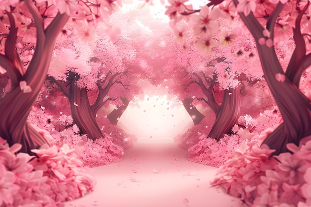 Blossoming pink sakura tree creates a scenic spring tunnel in cartoon style Concept Cartoon Sakura Tunnel Spring Scenery Blossoming Pink Scenic Nature Cartoon Style