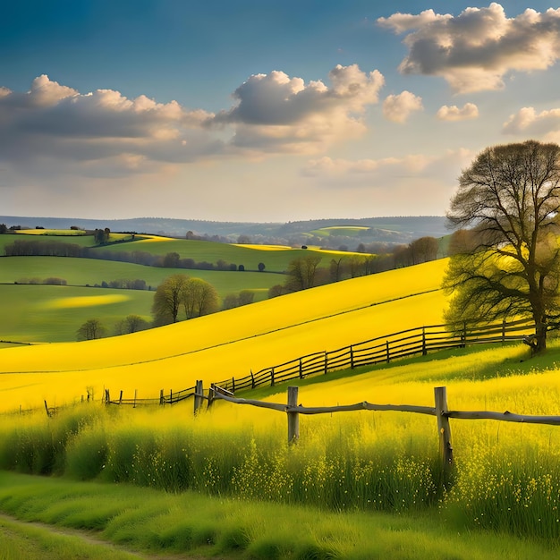 Blossoming Rapeseed Field Amidst Springtime Greenery