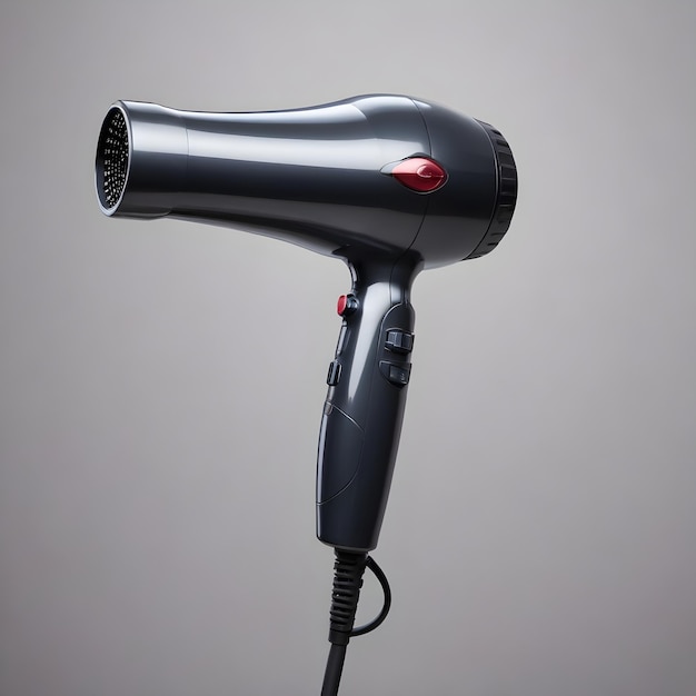 Photo a blow dryer with a red button is on a gray background