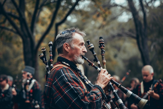 Photo blowing bagpipes in highland music circl ar generative ai