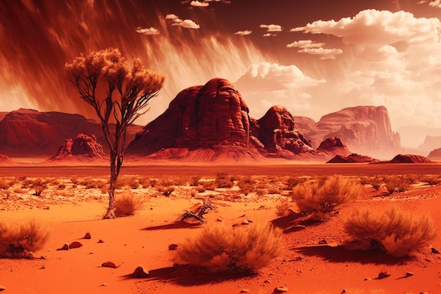 Blowing desert landscape with red rock formations created with generative ai