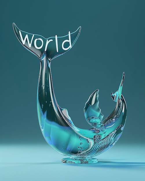 a blown glass text World Whale floating in the style of rendered in cinema4d