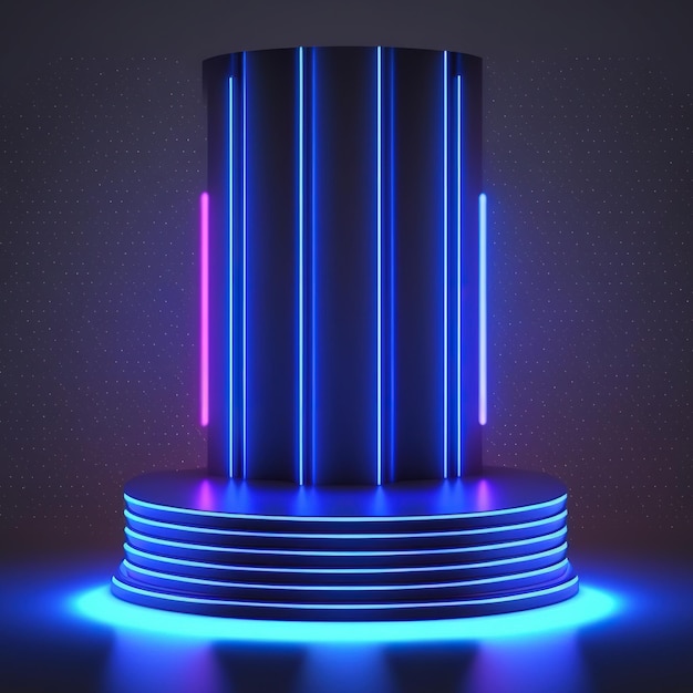 Blue 3D cylinder pedestal podium Scifi abstract room with vertical illuminate neon lighting Futuristic scene product display