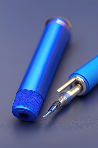 Blue 3d pen and a set of plastic on a white background