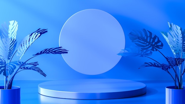 A blue abstract backdrop with a round pedestal for displaying a product showcase