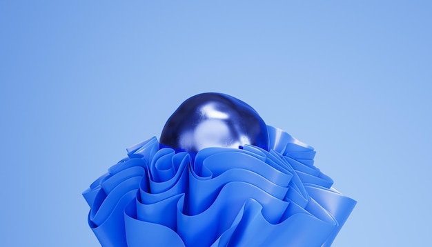 Blue abstract background with folds or ribbon waves and metal sphere 3d render