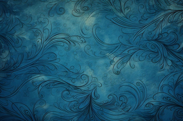 Blue abstract background with swirls and floral pattern