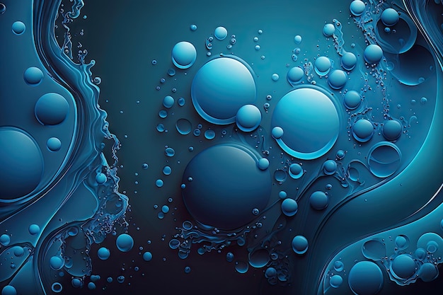 Blue abstract liquid wave background with bubbles and droplets created with generative ai