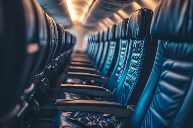 Photo blue airplane seats in an airplane cabin