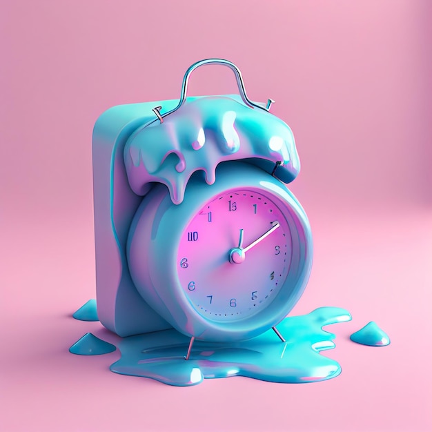 Blue alarm clock molten on pink pastel color background generative ai