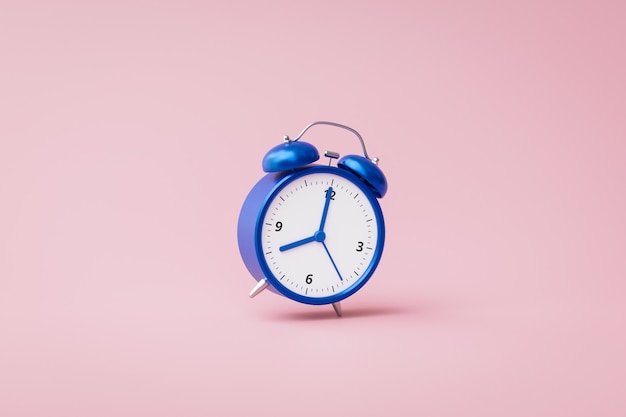 Blue alarm clock ringing on pink background with rush hour concept. Notification to wake up time or work. 3D rendering.