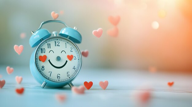 Photo a blue alarm clock with a smiley face and red hearts around it