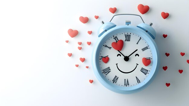 Photo a blue alarm clock with a smiling face and red hearts on a white background