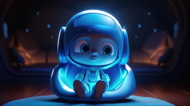 A blue alien in a blue space suit sits in a dark room.