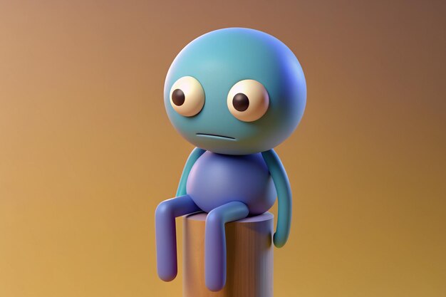 a blue alien sits on a gold object with a yellow background