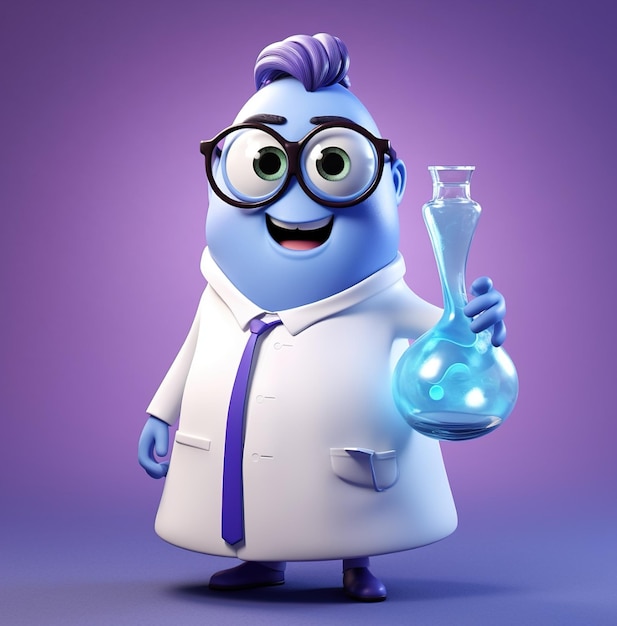 a blue alien with glasses holding a test tube.