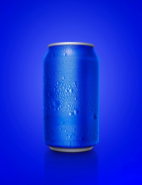 Blue aluminum cans with water droplets on a Blue Background