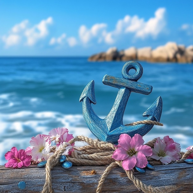 Photo blue anchor with pink flowers and rope on driftwood by ocean