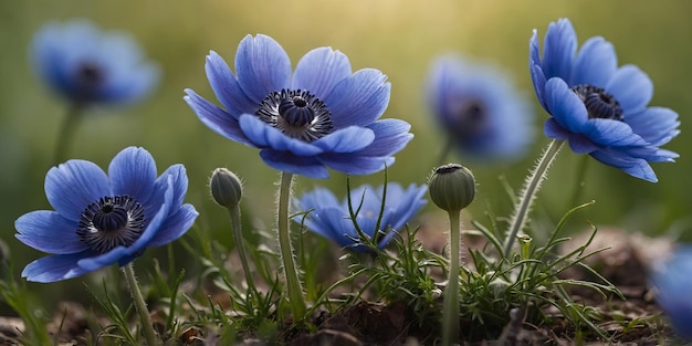 Blue Anemone coronaria Closeup with Macro Lens in Meadow