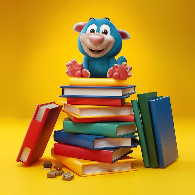 a blue animal with a blue shirt on a stack of books