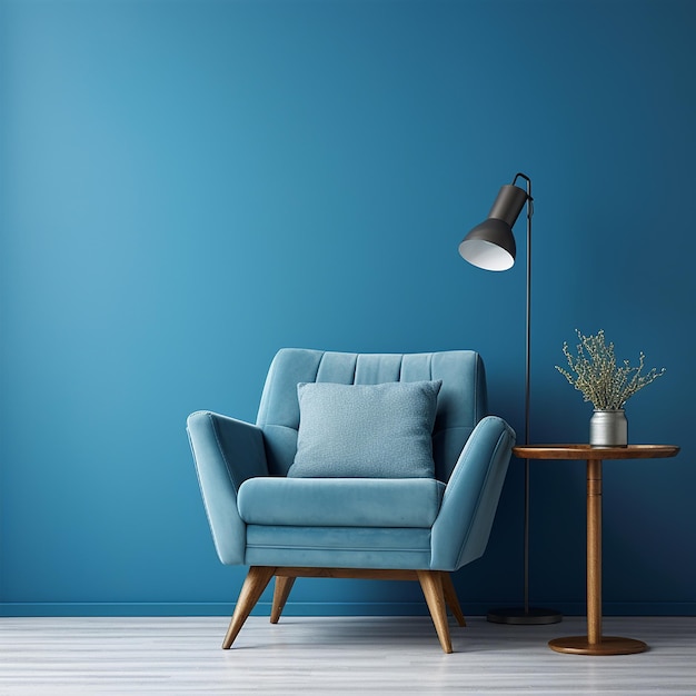 Blue armchair against blue wall in living room interior elegant interior design with copy space