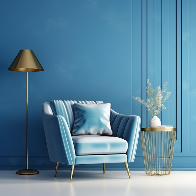 Blue armchair against blue wall in living room interior elegant interior design with copy space