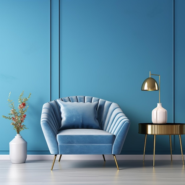 Blue armchair against blue wall in living room interior elegant interior design with copy space