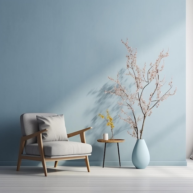 Blue armchair against blue wall in living room interior elegant interior design with copy space