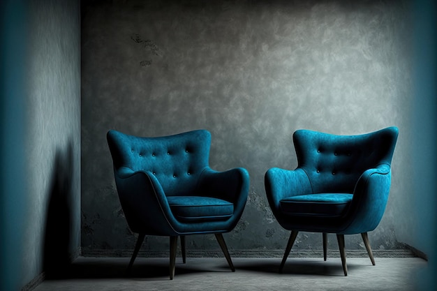 Blue armchairs on wood floors in a room with a concrete wall