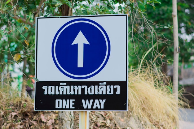 A blue arrow sign and it says Traveling one-way in Thai and English