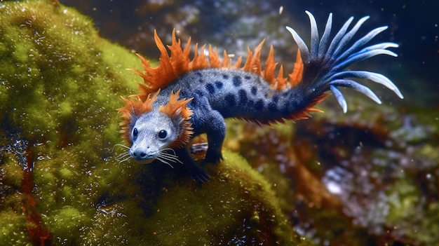 A blue axolotl is swimming in the water