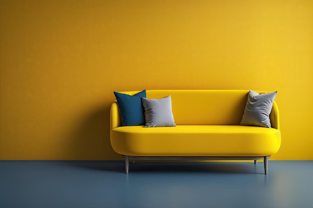 Blue backdrop vacant modern and minimalist yellow sofa blank space for your writing or design