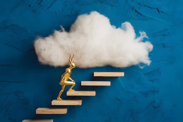 Blue backdrop with white cloud and steps Golden horned figure climbs