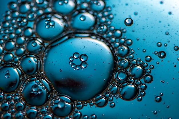 Blue background. Abstract macrophotography. Oil bubbles. Water texture.