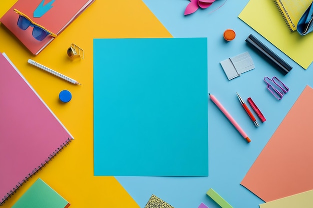 Photo blue background colorful school supplies blank notebook