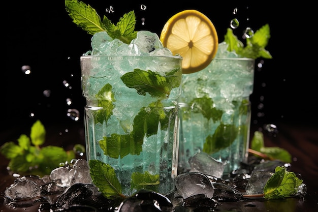 On a blue background a fresh Mojito cocktail made with lime mint and ice A frozen video of a st