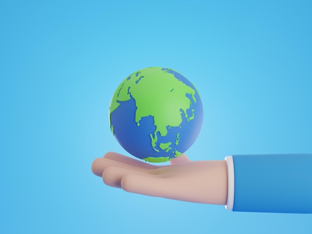 blue background globe floating in hand.3D Rendering.