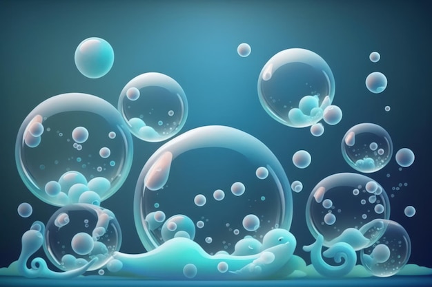 On a blue background lovely translucent glossy soap bubbles are floating