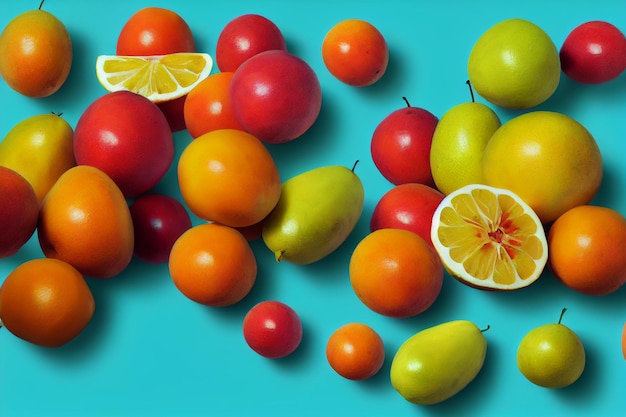 Blue background Sliced oranges and other fruits lying on surface